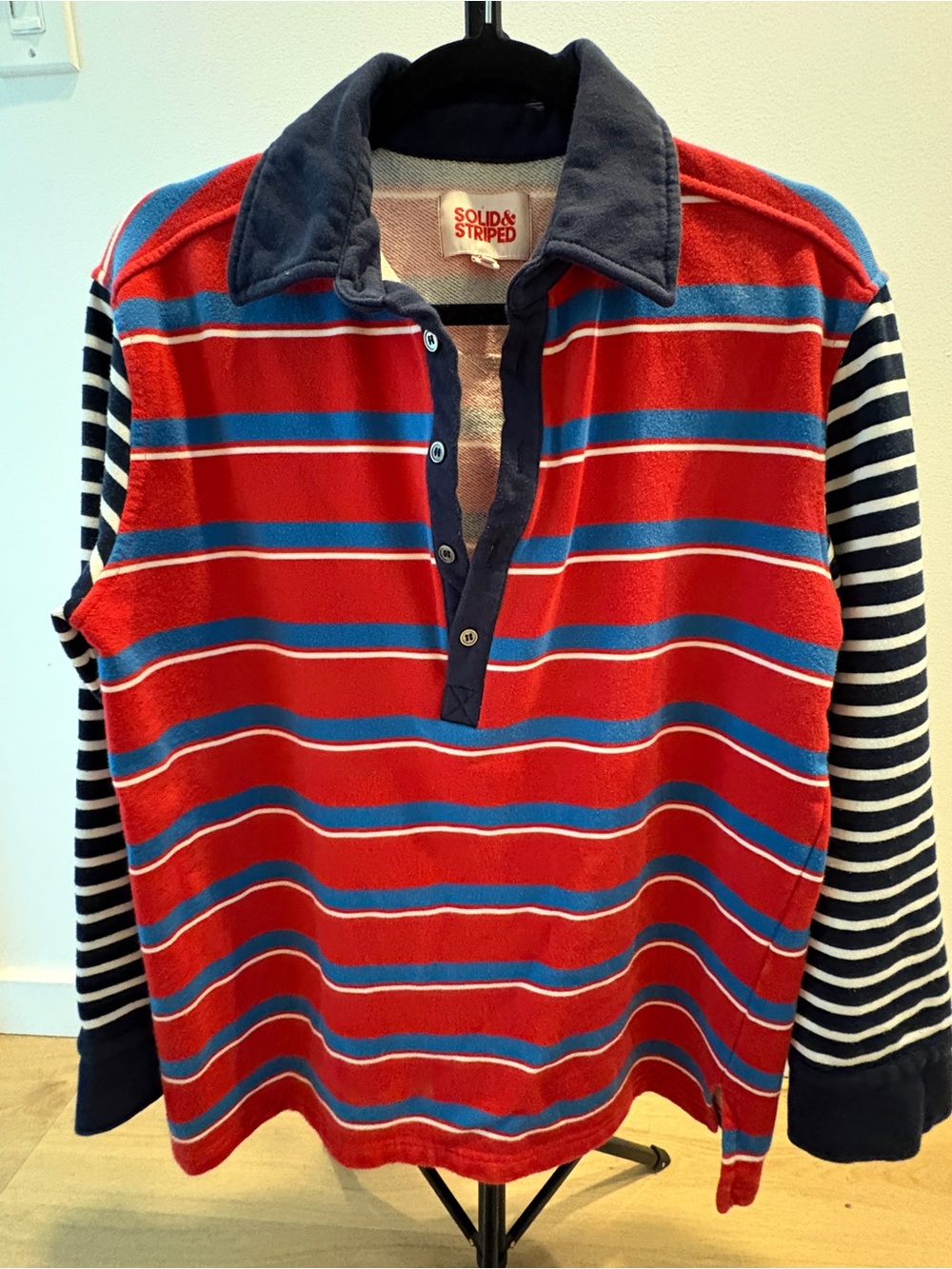 SOLID & STRIPED Red, Blue & White Striped Button Pull Over